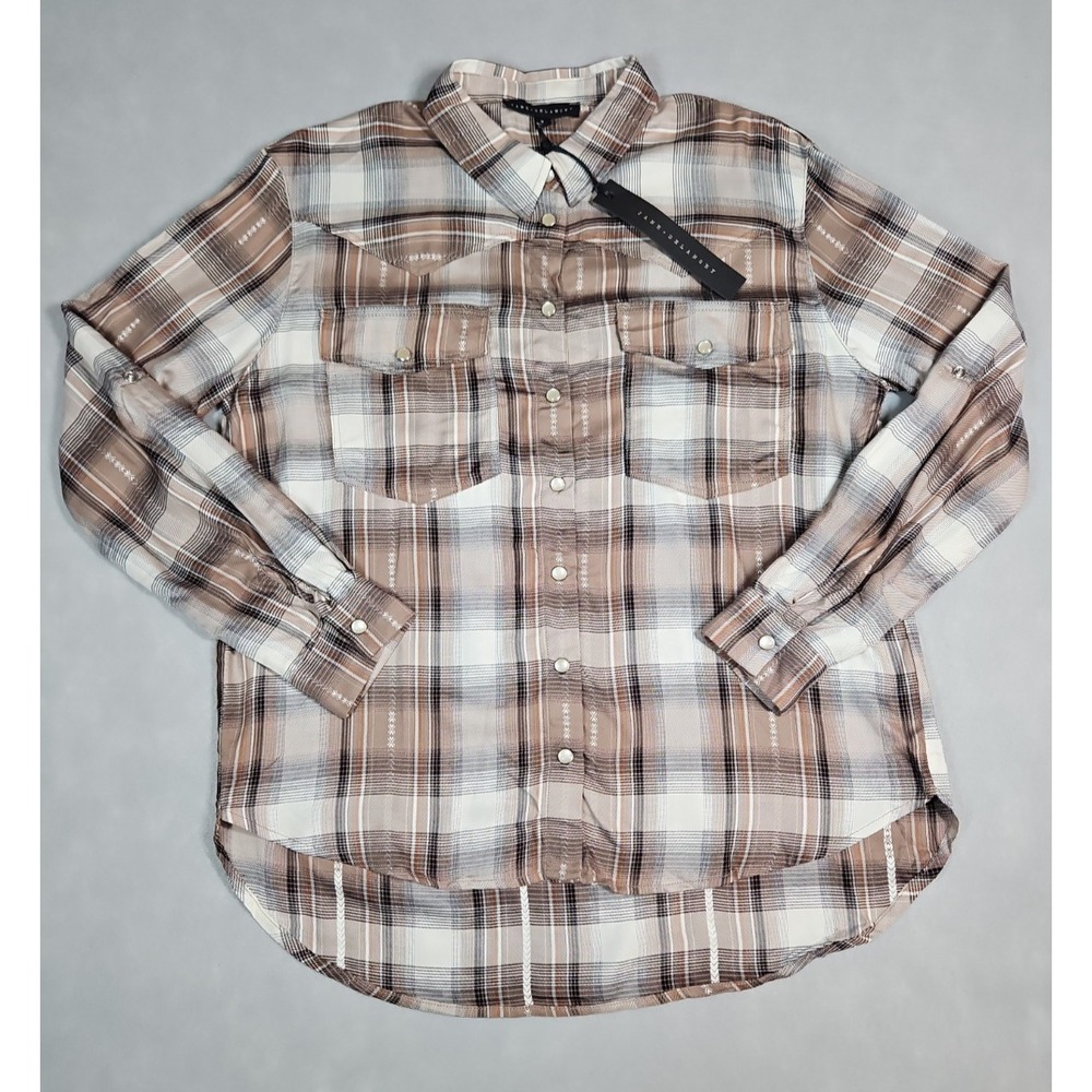 Jane + Delancey Womens Tan Plaid Pearl Snap Roll Tab Shirt Size Medium NWT